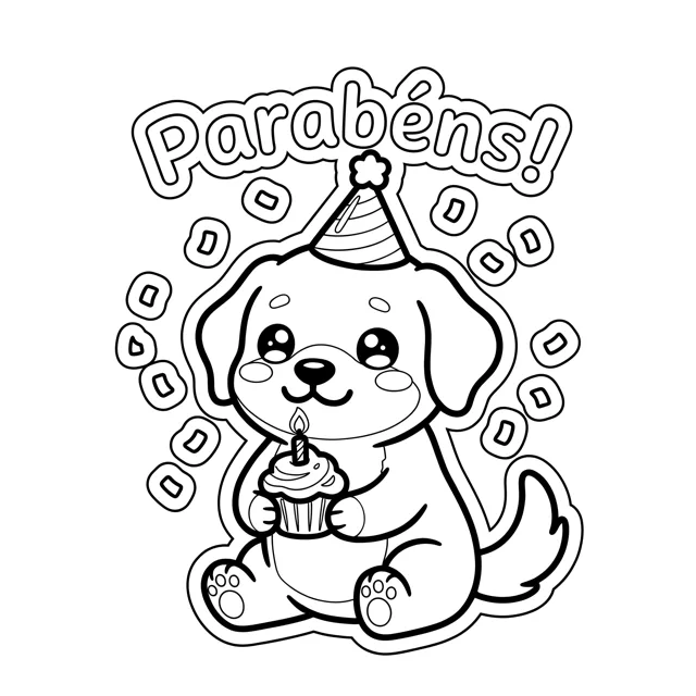 Página para colorir: Golden com chapéu de festa e o texto Parabéns