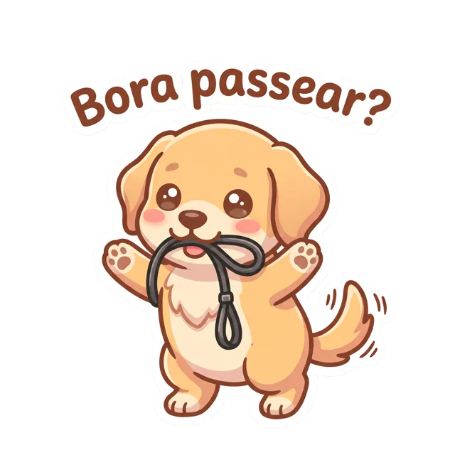 Figurinha de Golden segurando a guia com o texto Bora passear